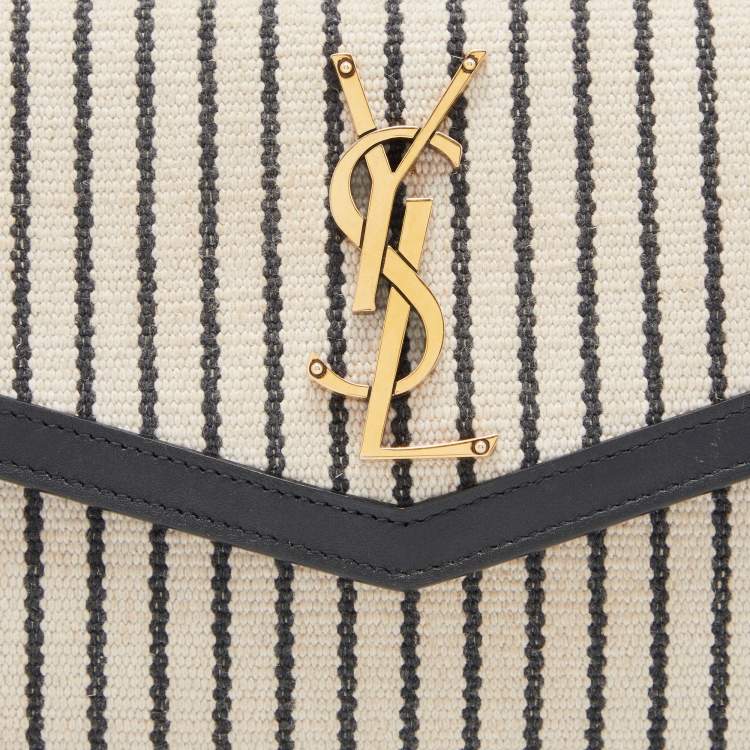 Pre Owned Saint Laurent Beige/Black Striped Canvas and Leather Medium Uptown Clutch