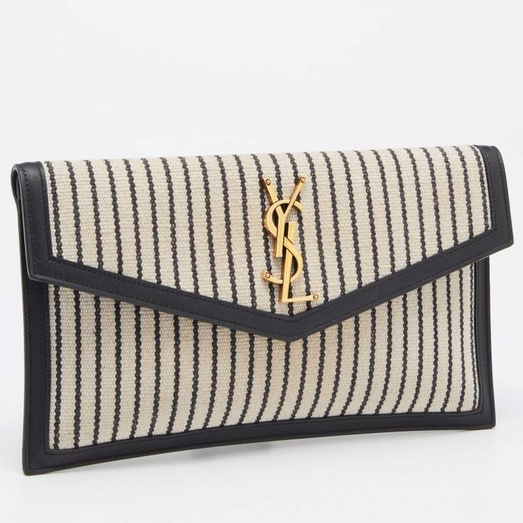 Pre Owned Saint Laurent Beige/Black Striped Canvas and Leather Medium Uptown Clutch
