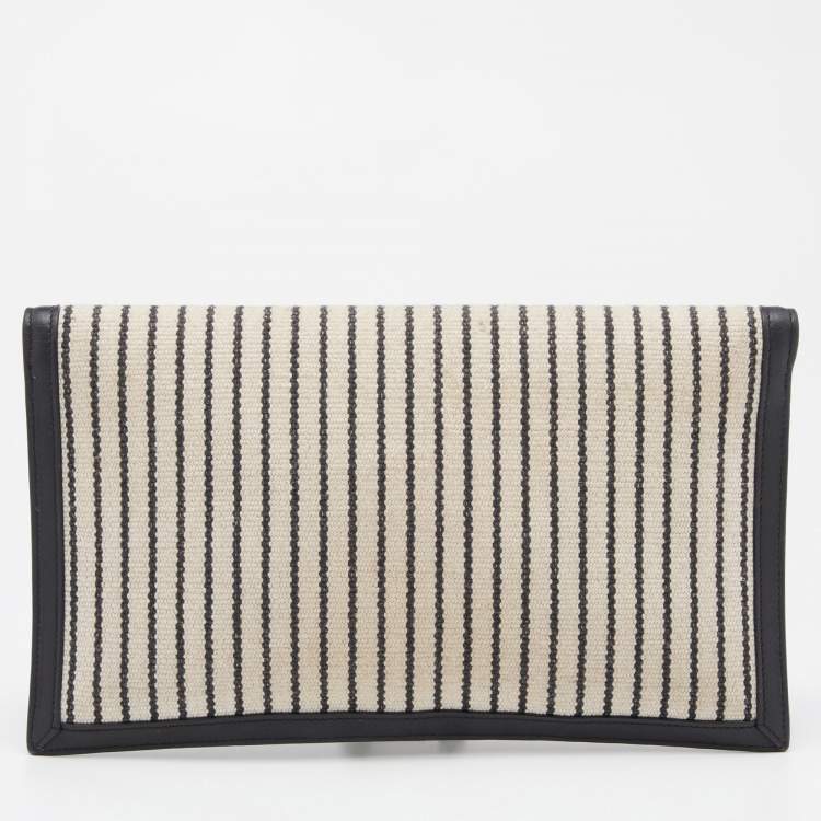 Pre Owned Saint Laurent Beige/Black Striped Canvas and Leather Medium Uptown Clutch