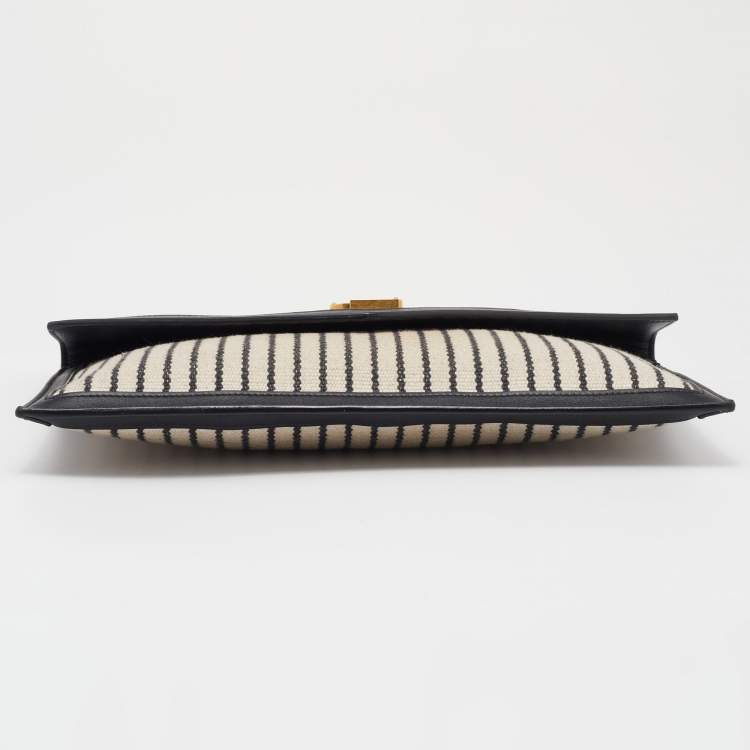 Pre Owned Saint Laurent Beige/Black Striped Canvas and Leather Medium Uptown Clutch