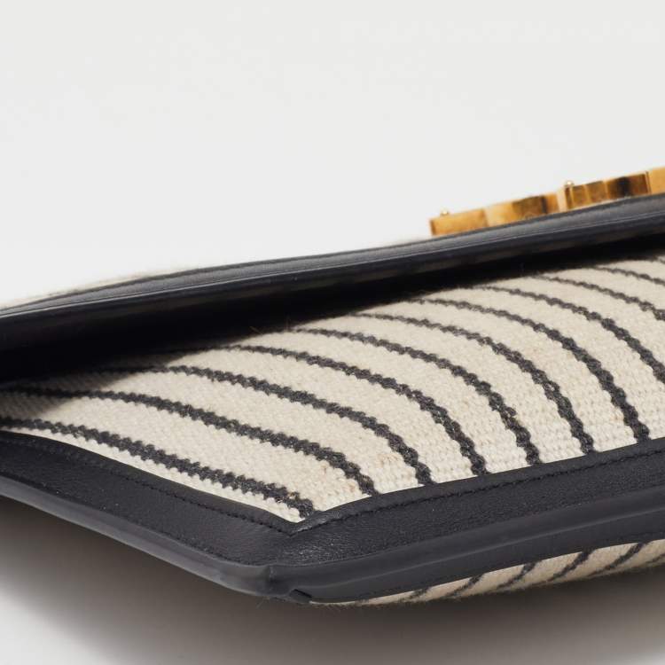 Pre Owned Saint Laurent Beige/Black Striped Canvas and Leather Medium Uptown Clutch