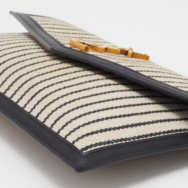 Pre Owned Saint Laurent Beige/Black Striped Canvas and Leather Medium Uptown Clutch