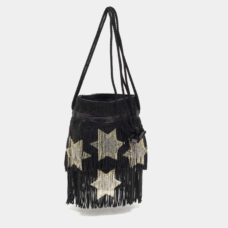 Saint Laurent Monogram Small Zip-Top Fringe Heart Bag - Black