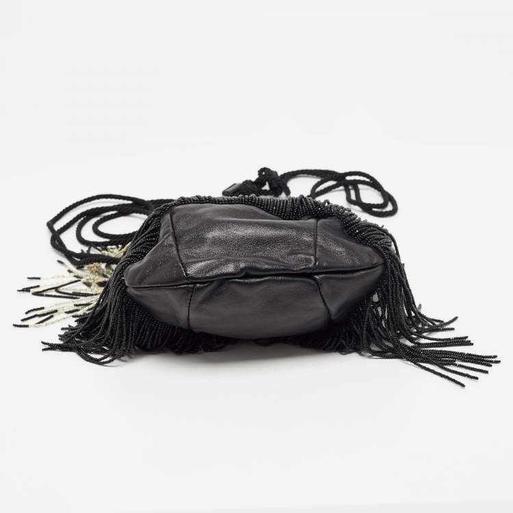 Pre Owned Saint Laurent Black Beads and Leather Fringed Small Shoulder Bag