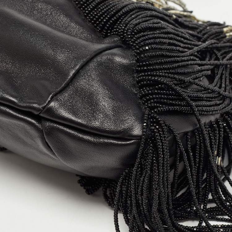 Pre Owned Saint Laurent Black Beads and Leather Fringed Small Shoulder Bag