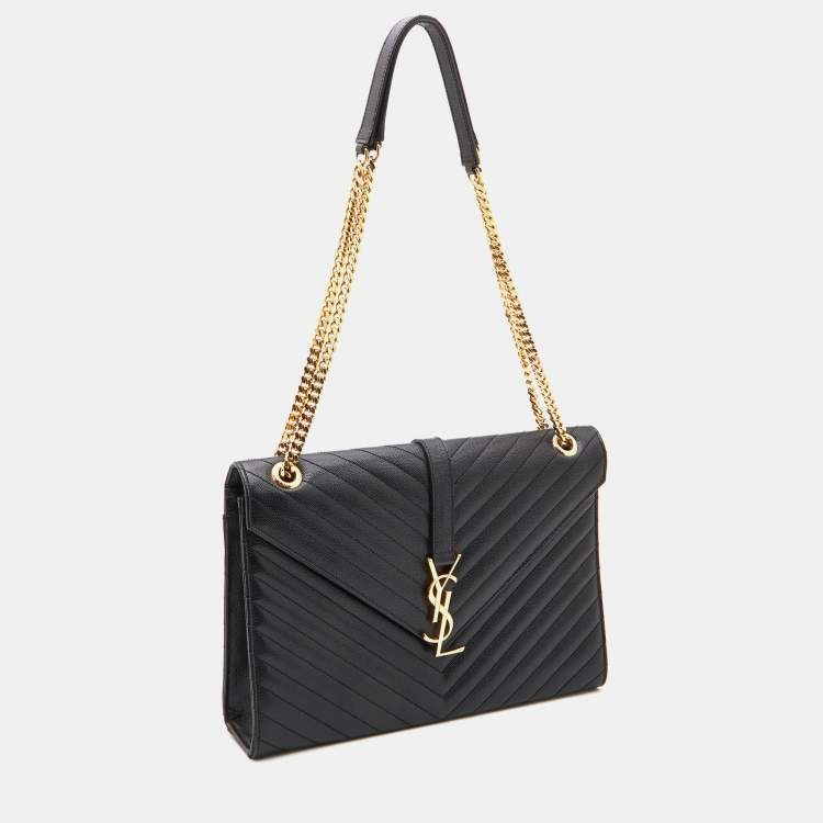 Pre Owned Saint Laurent Black Matelassé Leather Large Monogram Envelope Shoulder Bag