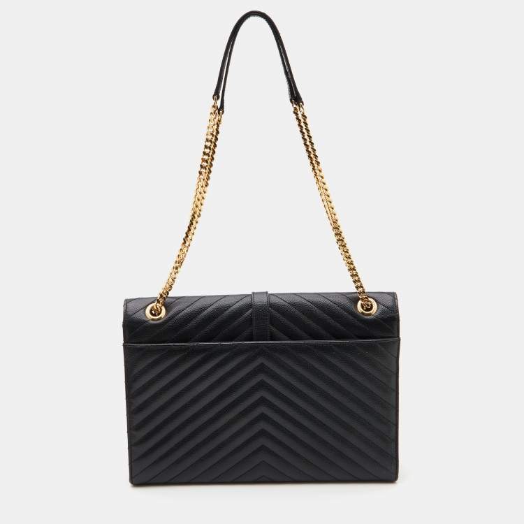 Pre Owned Saint Laurent Black Matelassé Leather Large Monogram Envelope Shoulder Bag