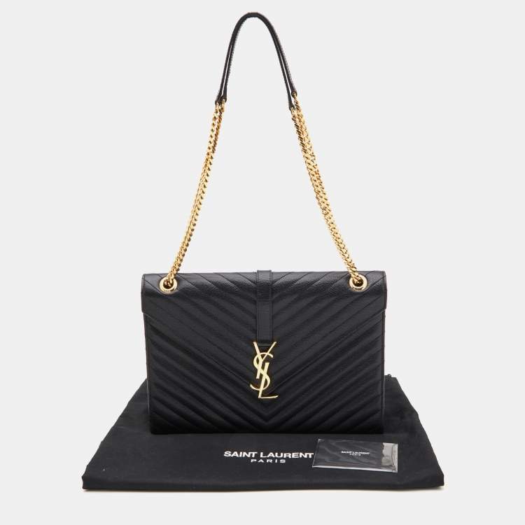 Pre Owned Saint Laurent Black Matelassé Leather Large Monogram Envelope Shoulder Bag