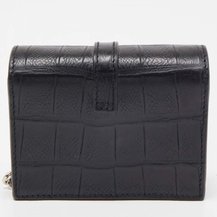 Pre Owned Saint Laurent Black Croc Embossed Leather Mini Candy Chain Wallet