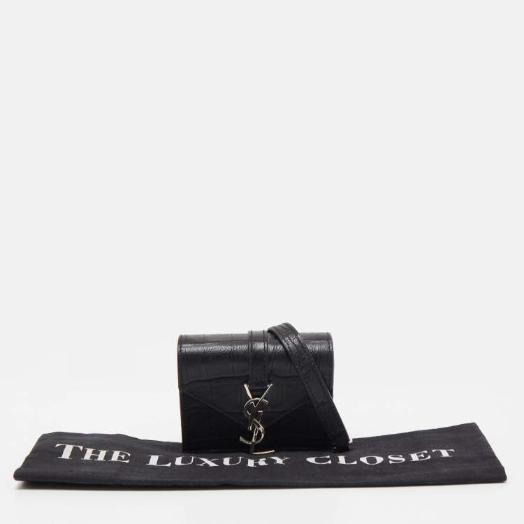 Pre Owned Saint Laurent Black Croc Embossed Leather Mini Candy Chain Wallet