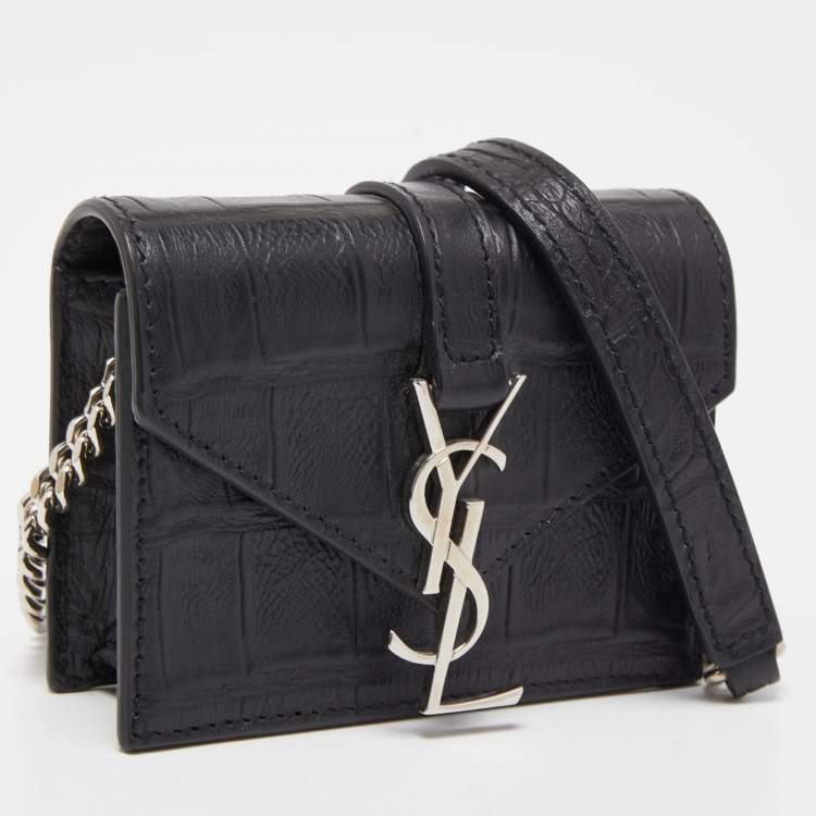 Pre Owned Saint Laurent Black Croc Embossed Leather Mini Candy Chain Wallet