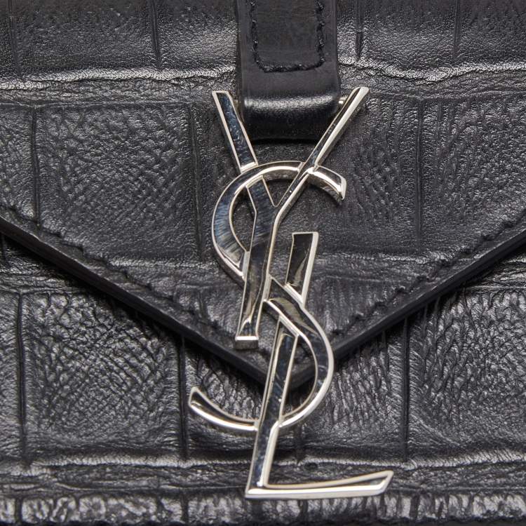 Pre Owned Saint Laurent Black Croc Embossed Leather Mini Candy Chain Wallet