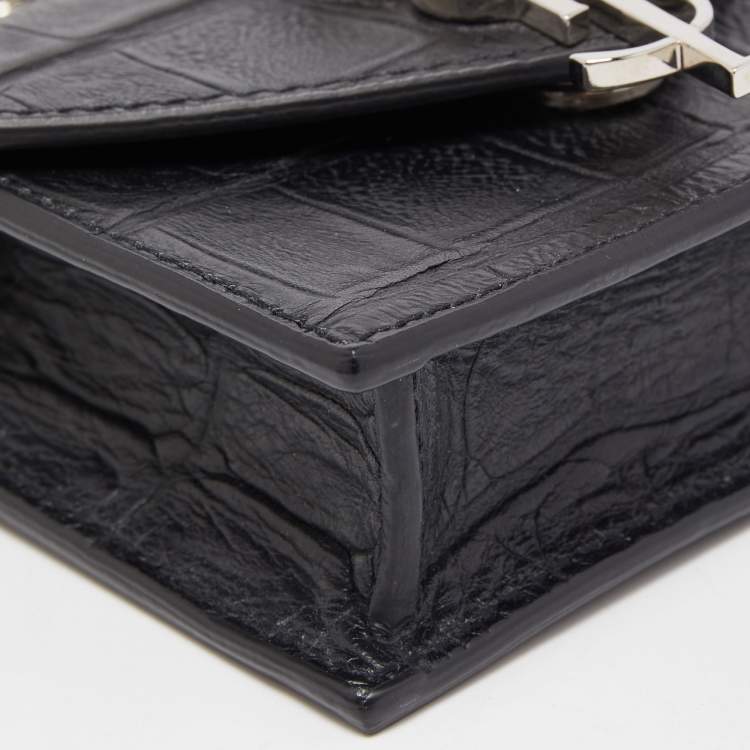 Pre Owned Saint Laurent Black Croc Embossed Leather Mini Candy Chain Wallet