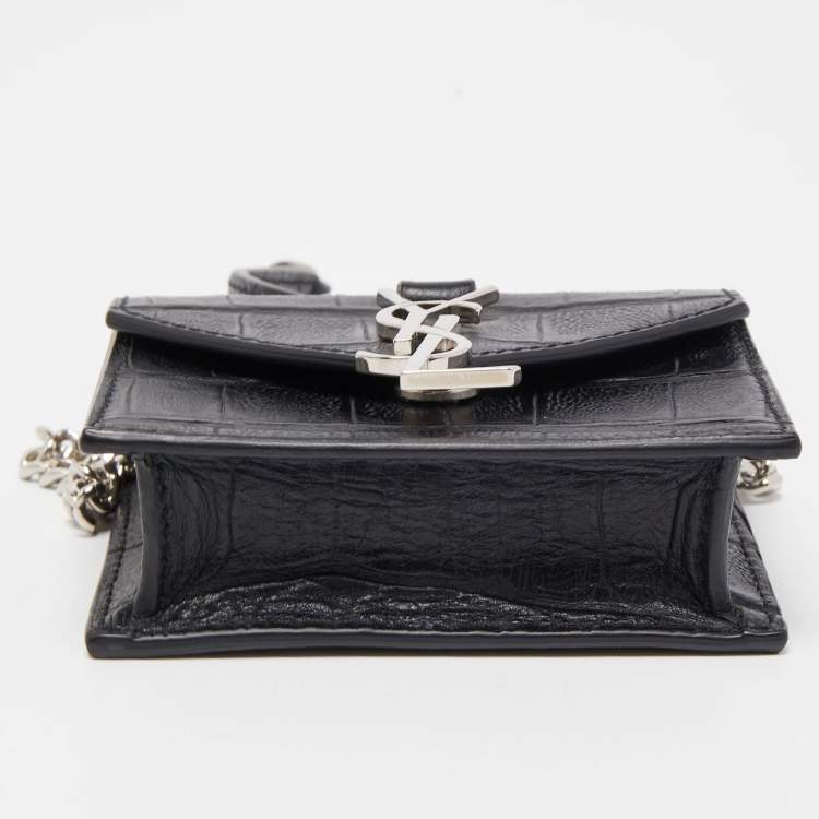 Pre Owned Saint Laurent Black Croc Embossed Leather Mini Candy Chain Wallet