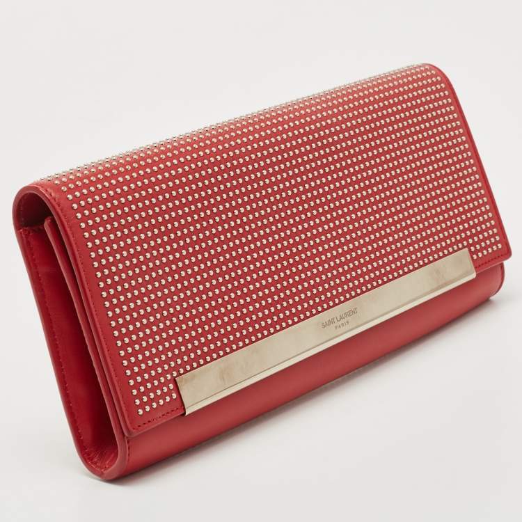 Pre Owned Saint Laurent Red Studded Leather Lutetia Clutch 