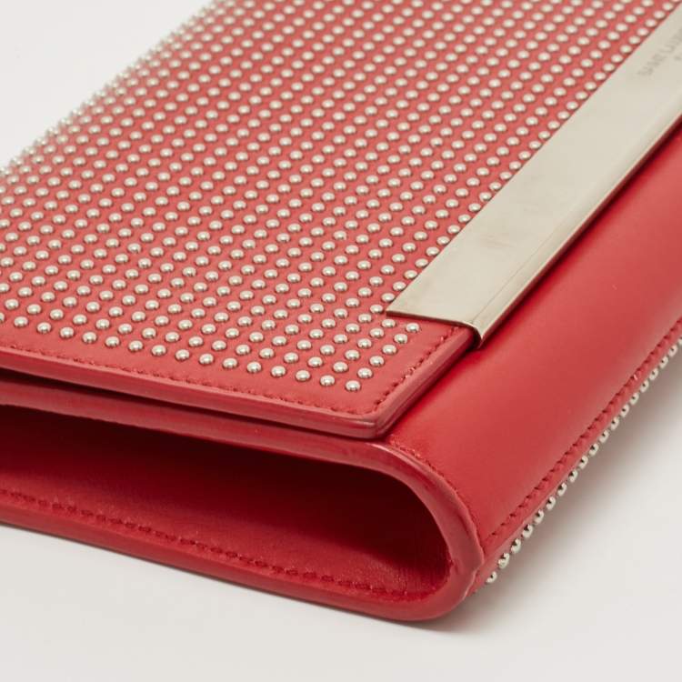 Pre Owned Saint Laurent Red Studded Leather Lutetia Clutch 