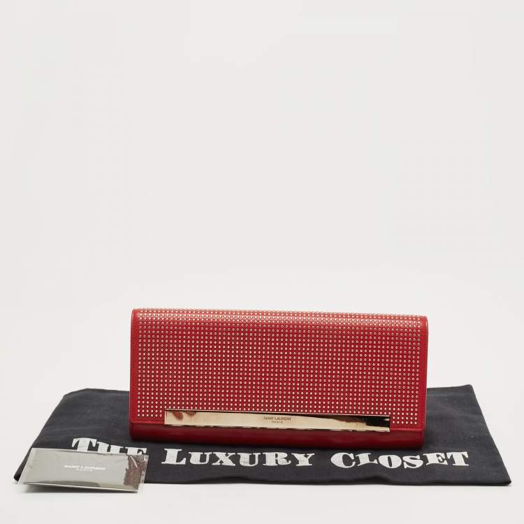 Pre Owned Saint Laurent Red Studded Leather Lutetia Clutch 