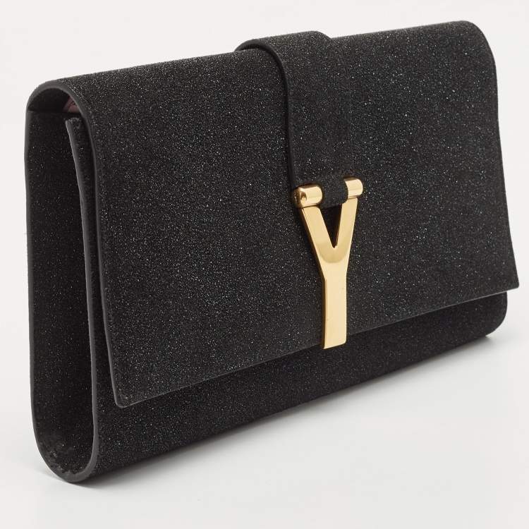 Pre Owned Saint Laurent Black Shimmer Leather Leather Y-Ligne Clutch