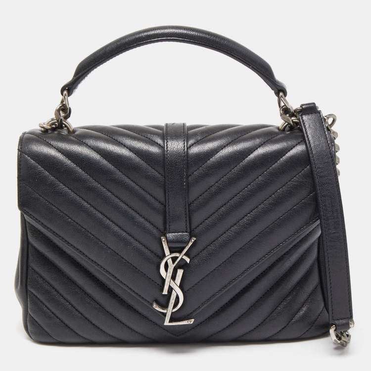 Pre Owned Saint Laurent Black Matelasse Leather Medium College Top Handle Bag