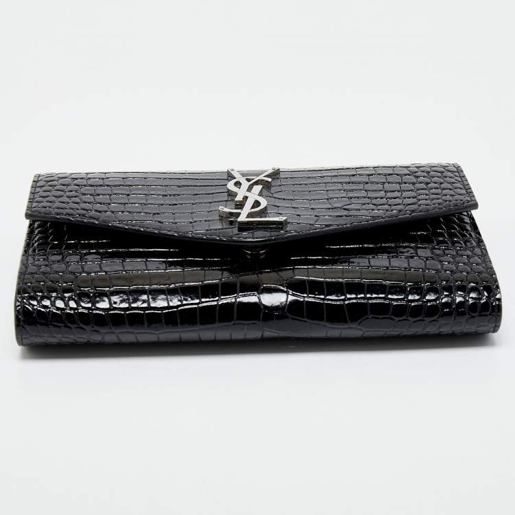 Pre Owned Saint Laurent Black Croc Embossed Leather Uptown Wallet on Chain