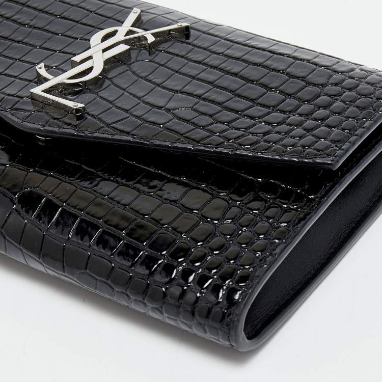 Pre Owned Saint Laurent Black Croc Embossed Leather Uptown Wallet on Chain
