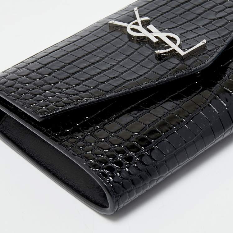 Pre Owned Saint Laurent Black Croc Embossed Leather Uptown Wallet on Chain