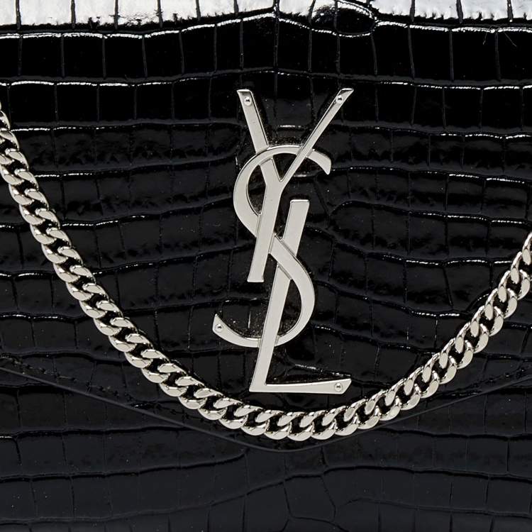 Pre Owned Saint Laurent Black Croc Embossed Leather Uptown Wallet on Chain
