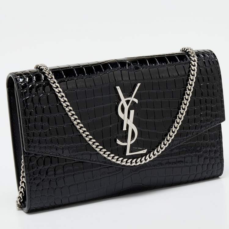 Pre Owned Saint Laurent Black Croc Embossed Leather Uptown Wallet on Chain