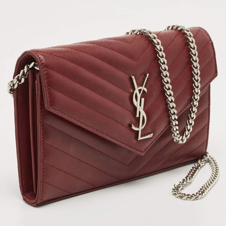 Pre Owned Saint Laurent Red Matelassé Leather Cassandre Wallet on Chain