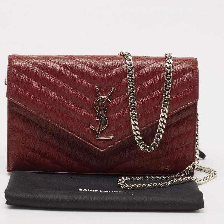 Pre Owned Saint Laurent Red Matelassé Leather Cassandre Wallet on Chain