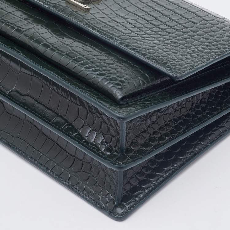 Pre Owned Saint Laurent Green Croc Embossed Leather Medium Sunset Shoulder Bag