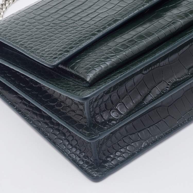 Pre Owned Saint Laurent Green Croc Embossed Leather Medium Sunset Shoulder Bag
