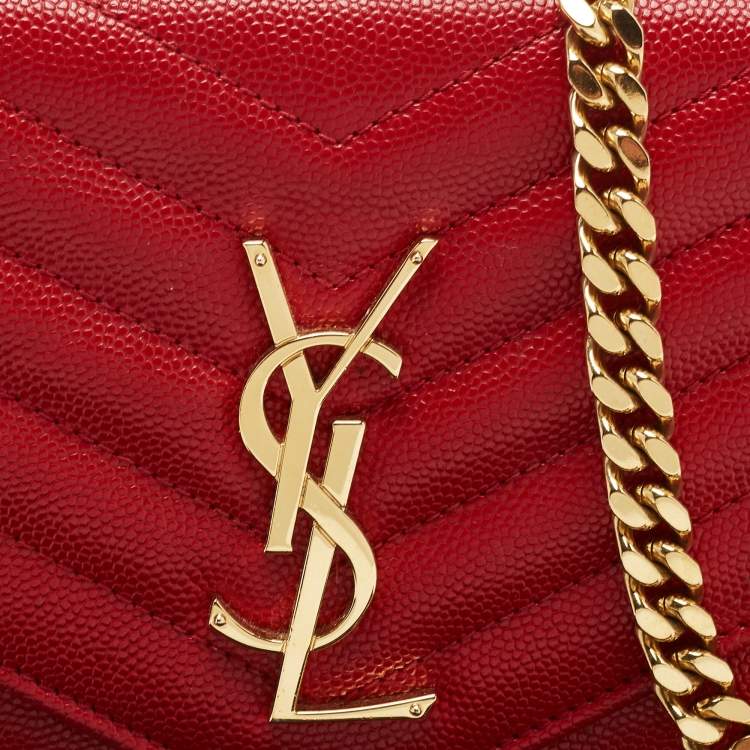 Pre Owned Saint Laurent Red Matelasse Leather Monogram Envelope Wallet on Chain