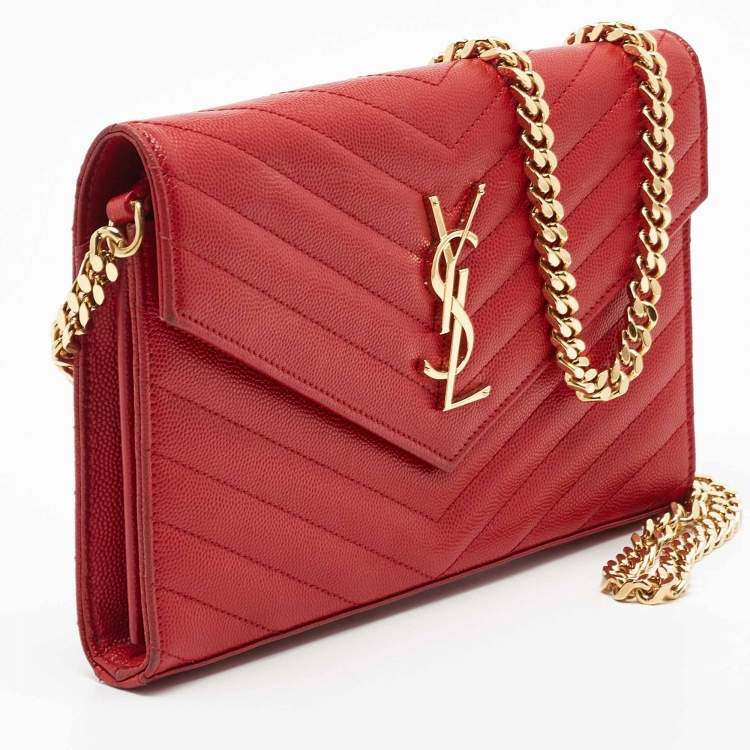 Pre Owned Saint Laurent Red Matelasse Leather Monogram Envelope Wallet on Chain