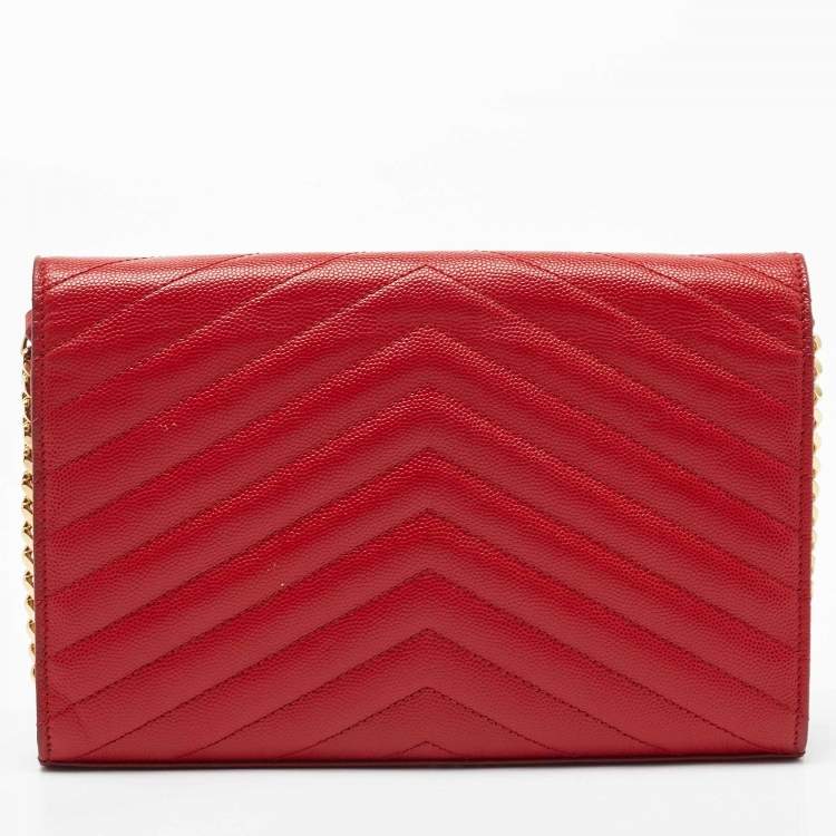 Pre Owned Saint Laurent Red Matelasse Leather Monogram Envelope Wallet on Chain