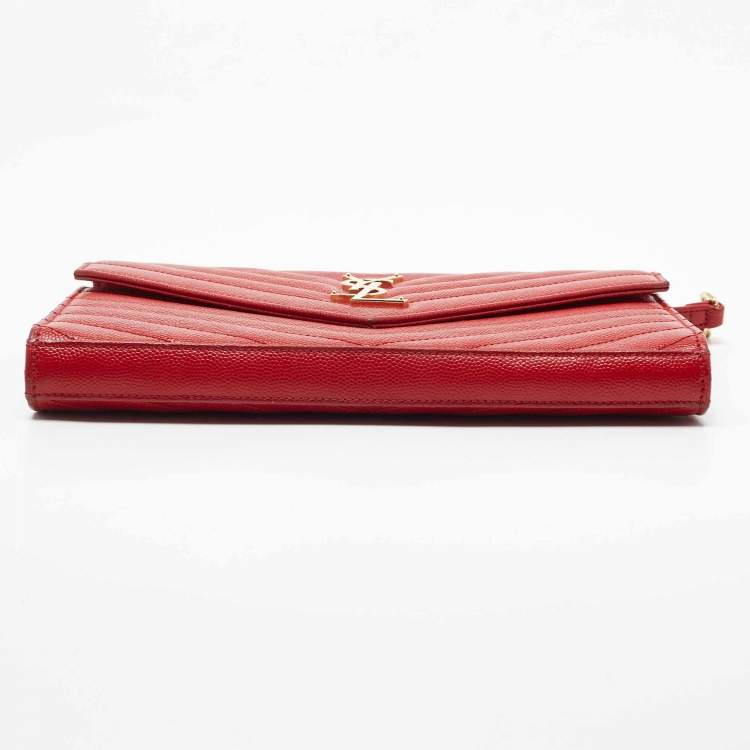 Pre Owned Saint Laurent Red Matelasse Leather Monogram Envelope Wallet on Chain