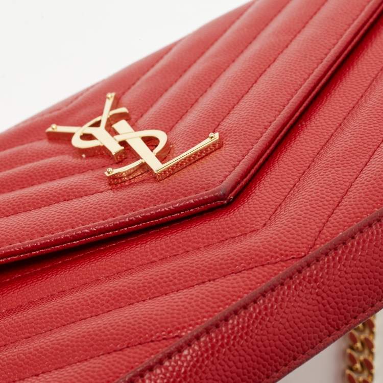 Pre Owned Saint Laurent Red Matelasse Leather Monogram Envelope Wallet on Chain