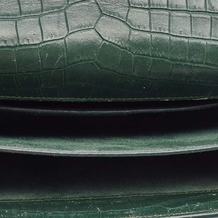 Pre Owned Saint Laurent Green Croc Embossed Leather Medium Sunset Shoulder Bag