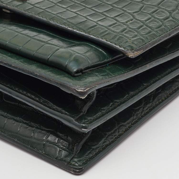 Pre Owned Saint Laurent Green Croc Embossed Leather Medium Sunset Shoulder Bag