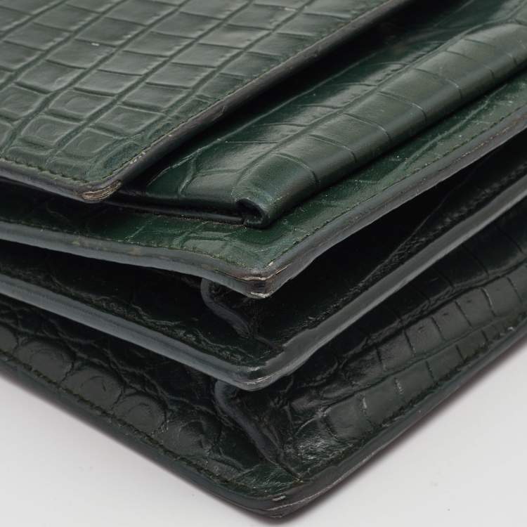 Pre Owned Saint Laurent Green Croc Embossed Leather Medium Sunset Shoulder Bag