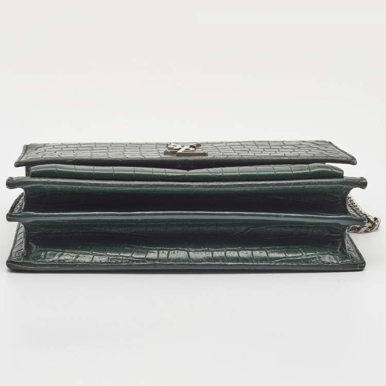 Pre Owned Saint Laurent Green Croc Embossed Leather Medium Sunset Shoulder Bag
