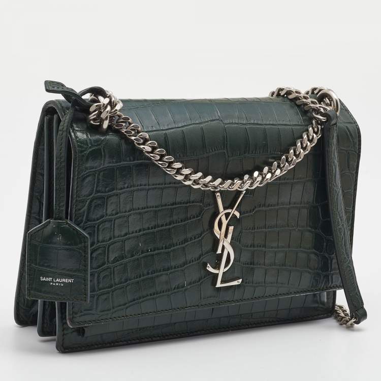 Pre Owned Saint Laurent Green Croc Embossed Leather Medium Sunset Shoulder Bag