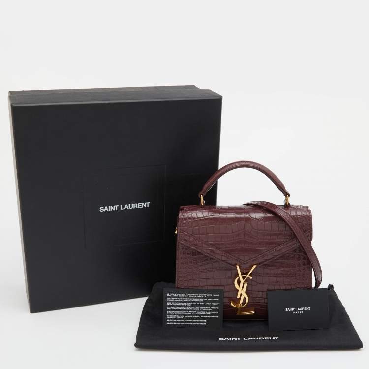 Pre Owned Saint Laurent Burgundy Croc Embossed Leather Mini Cassandra Top Handle Bag