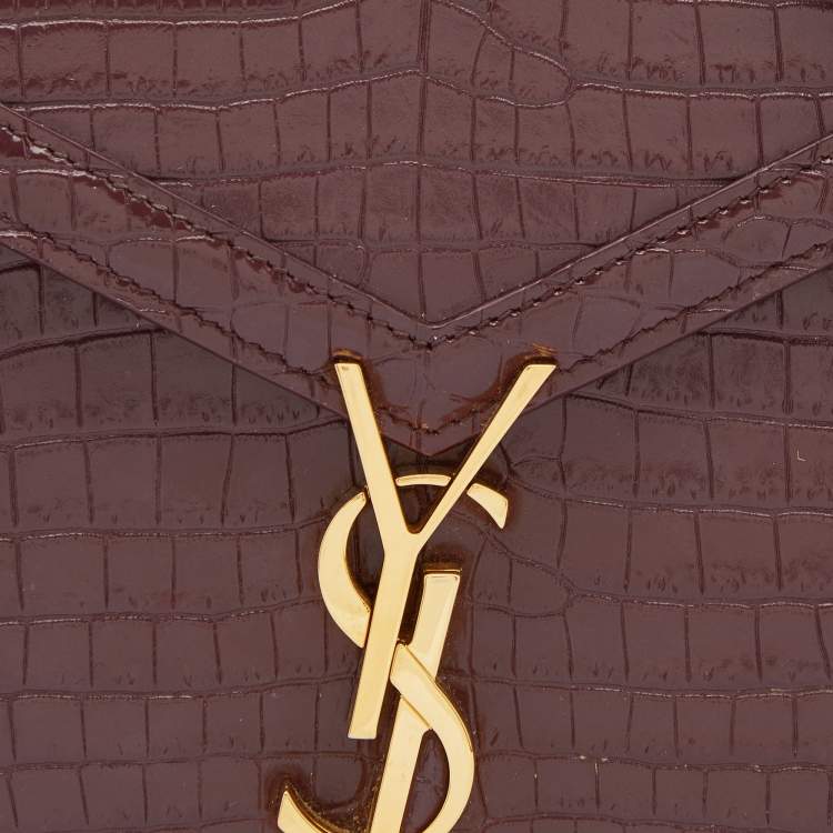 Pre Owned Saint Laurent Burgundy Croc Embossed Leather Mini Cassandra Top Handle Bag