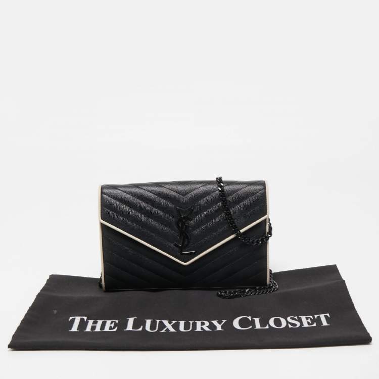 Pre Owned Saint Laurent Black/White Matelassé Leather Cassandre Wallet on Chain
