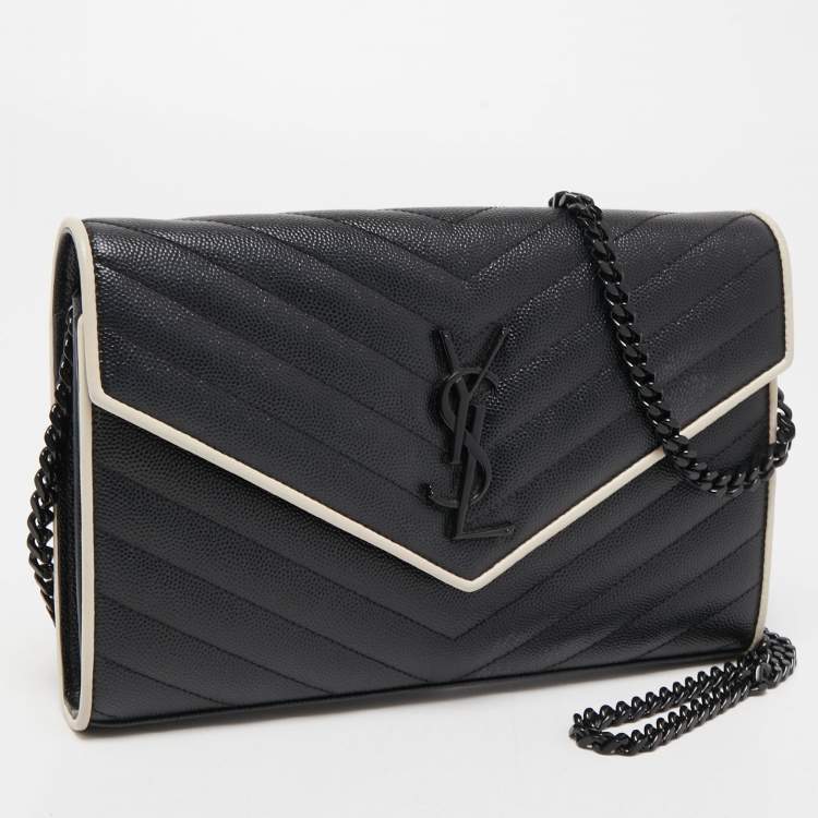 Pre Owned Saint Laurent Black/White Matelassé Leather Cassandre Wallet on Chain
