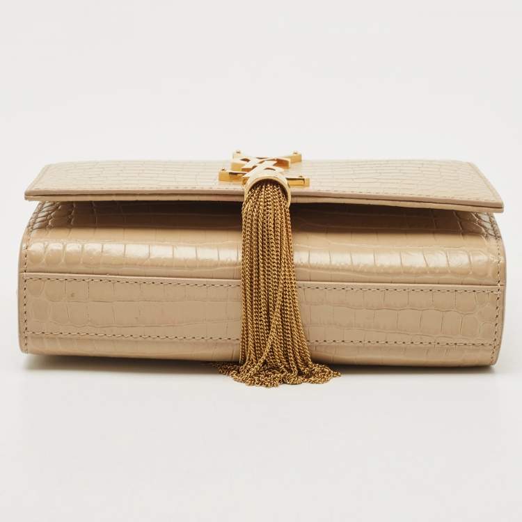 Pre Owned Saint Laurent Beige Croc Embossed Leather Small Kate Tassel Crossbody Bag