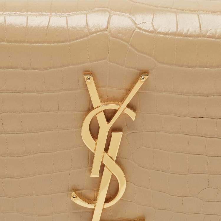 Pre Owned Saint Laurent Beige Croc Embossed Leather Small Kate Tassel Crossbody Bag
