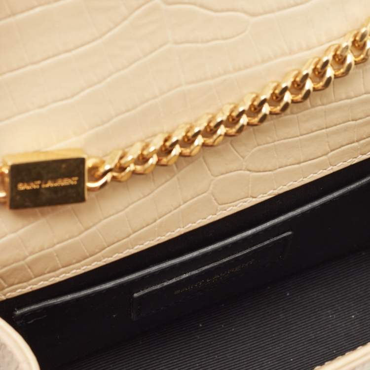 Pre Owned Saint Laurent Beige Croc Embossed Leather Small Kate Tassel Crossbody Bag