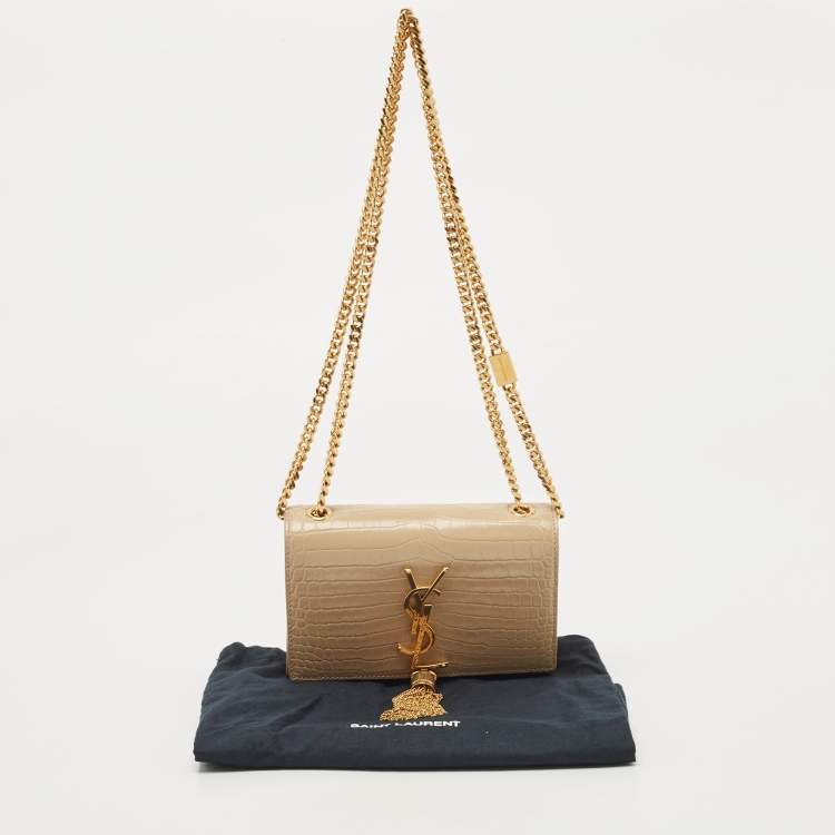 Pre Owned Saint Laurent Beige Croc Embossed Leather Small Kate Tassel Crossbody Bag